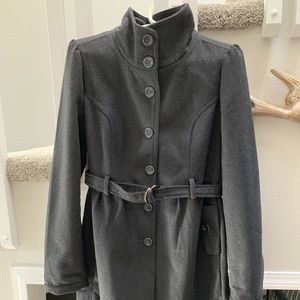 Grey wool button up jacket, pea coat with pockets